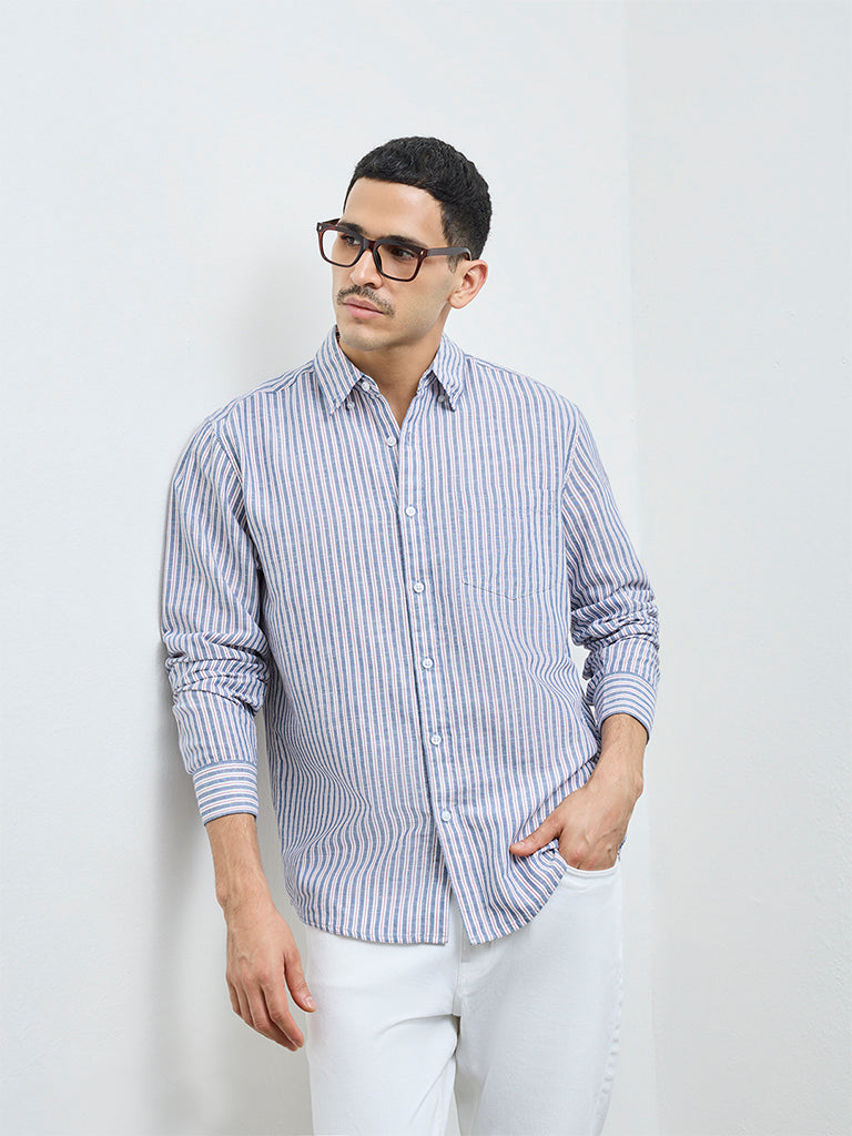 WES Casuals Navy Striped Relaxed-Fit Cotton-Blend Shirt