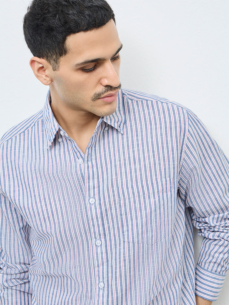 WES Casuals Navy Striped Relaxed-Fit Cotton-Blend Shirt