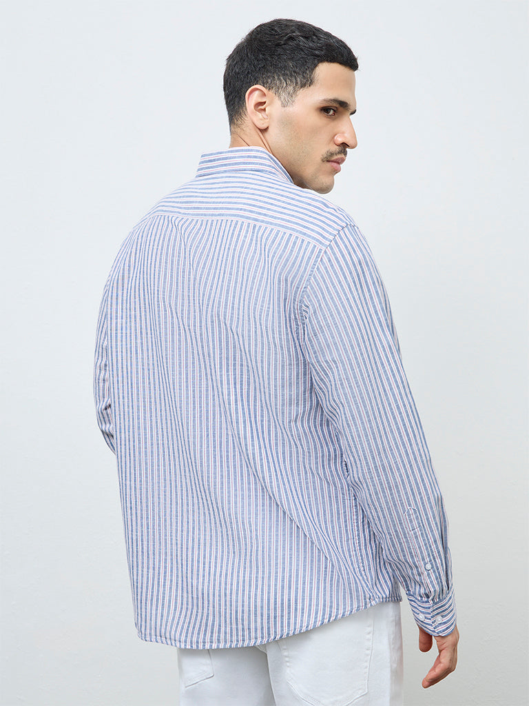 WES Casuals Navy Striped Relaxed-Fit Cotton-Blend Shirt