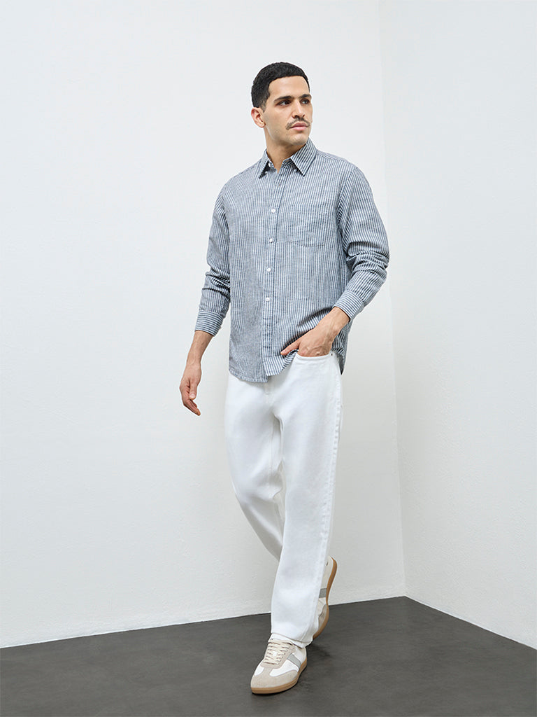 WES Casuals Dark Teal Striped Relaxed-Fit Cotton-Blend Shirt