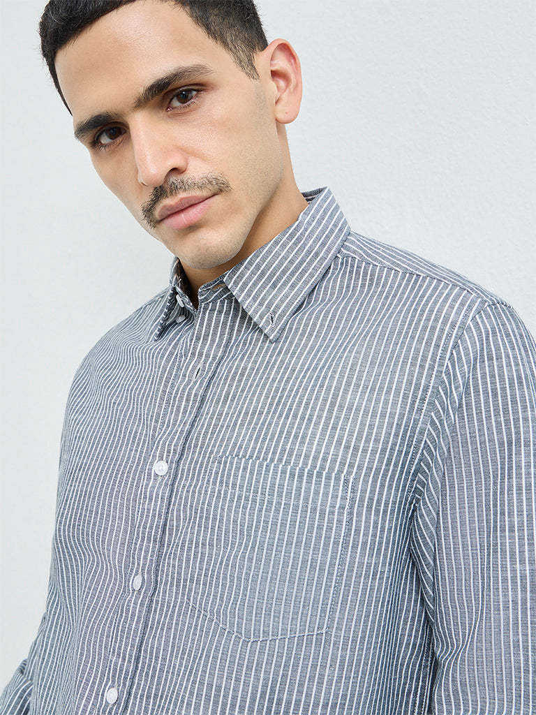 WES Casuals Dark Teal Striped Relaxed-Fit Cotton-Blend Shirt