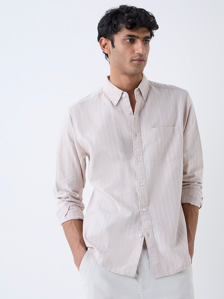 WES Casuals Beige Striped Relaxed-Fit Cotton Shirt