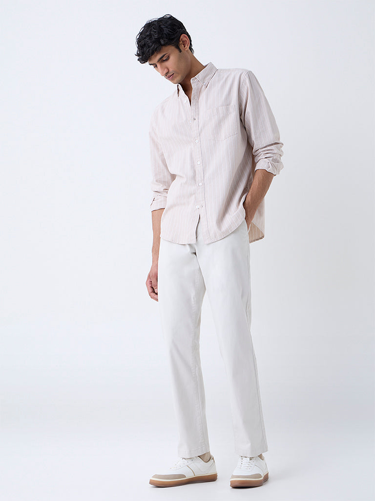 WES Casuals Beige Striped Relaxed-Fit Cotton Shirt