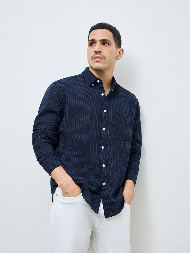 WES Casuals Navy Pinstriped Relaxed-Fit Cotton Shirt