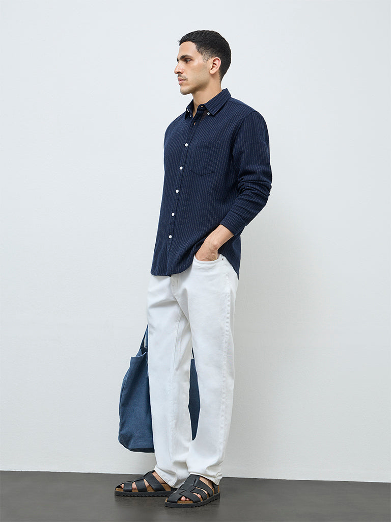 WES Casuals Navy Pinstriped Relaxed-Fit Cotton Shirt