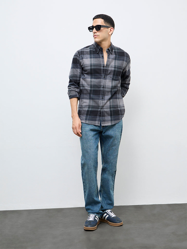 WES Casuals Black Check Relaxed-Fit Cotton Shirt