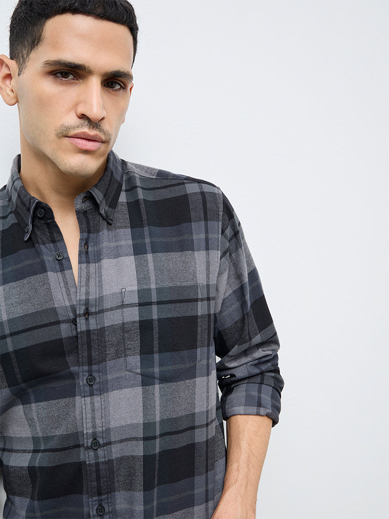 WES Casuals Black Check Relaxed-Fit Cotton Shirt