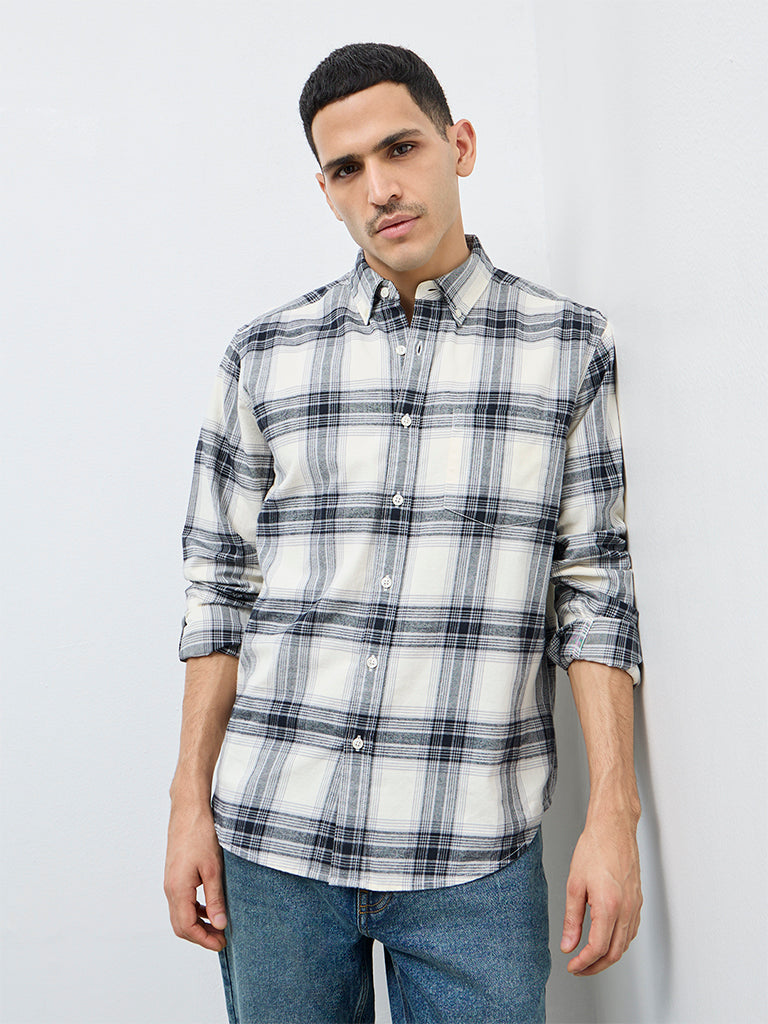 WES Casuals Cream Check Relaxed Fit Cotton Shirt