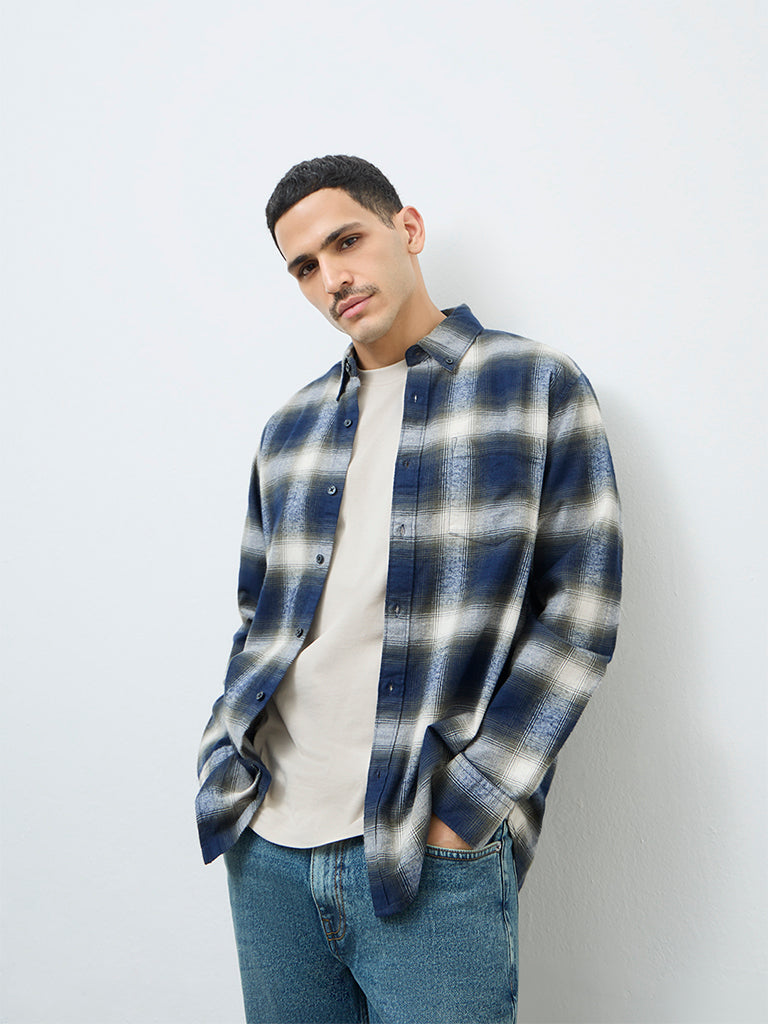 WES Casuals Navy Checks Design Relaxed-Fit Cotton Shirt