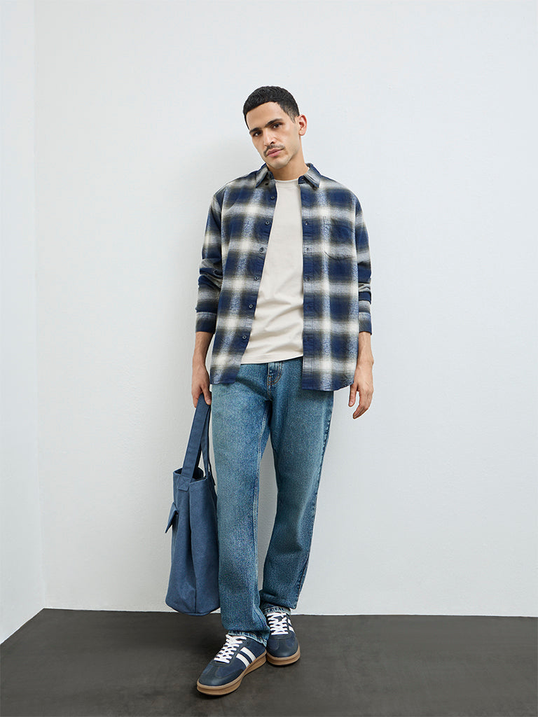 WES Casuals Navy Checks Design Relaxed-Fit Cotton Shirt