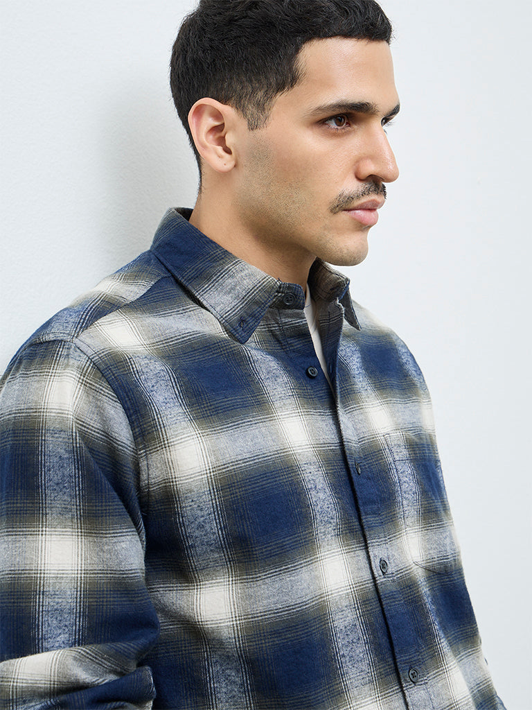 WES Casuals Navy Checks Design Relaxed-Fit Cotton Shirt