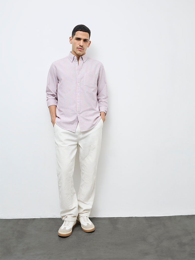 WES Casuals White Striped Relaxed Fit Cotton Shirt