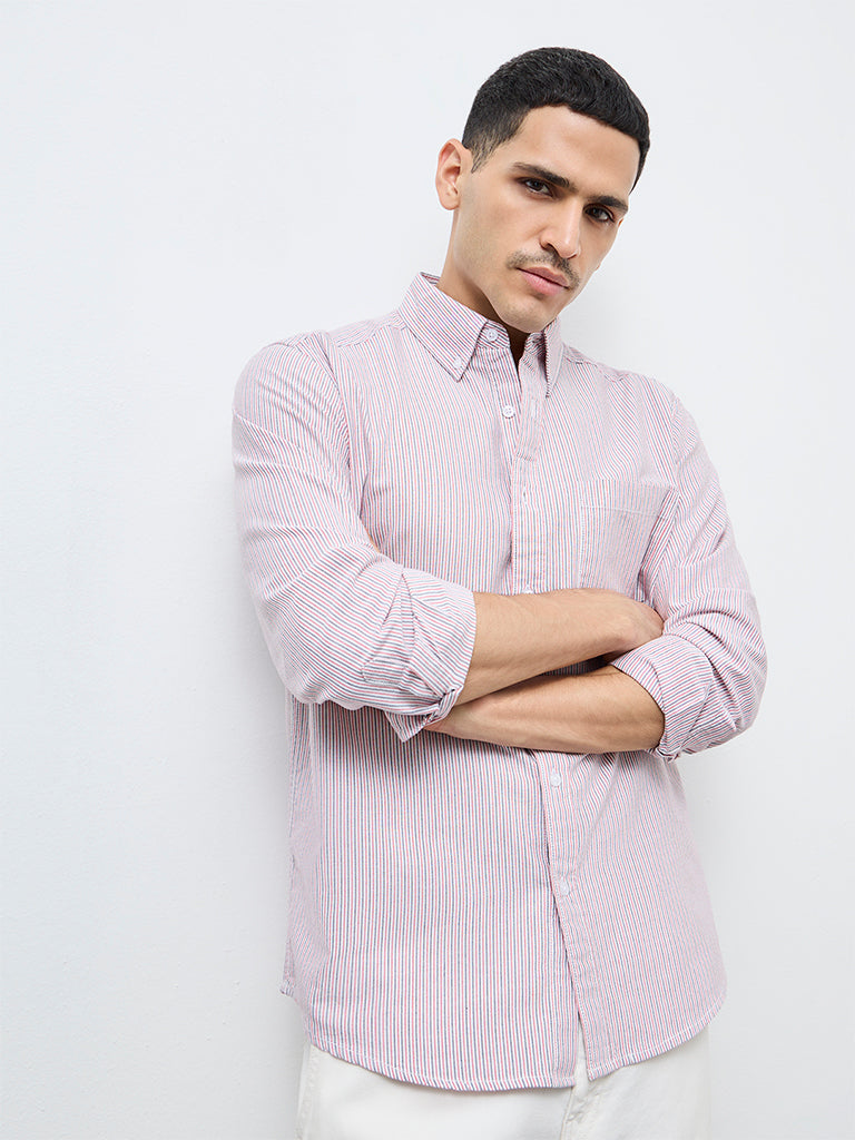 WES Casuals White Striped Relaxed Fit Cotton Shirt