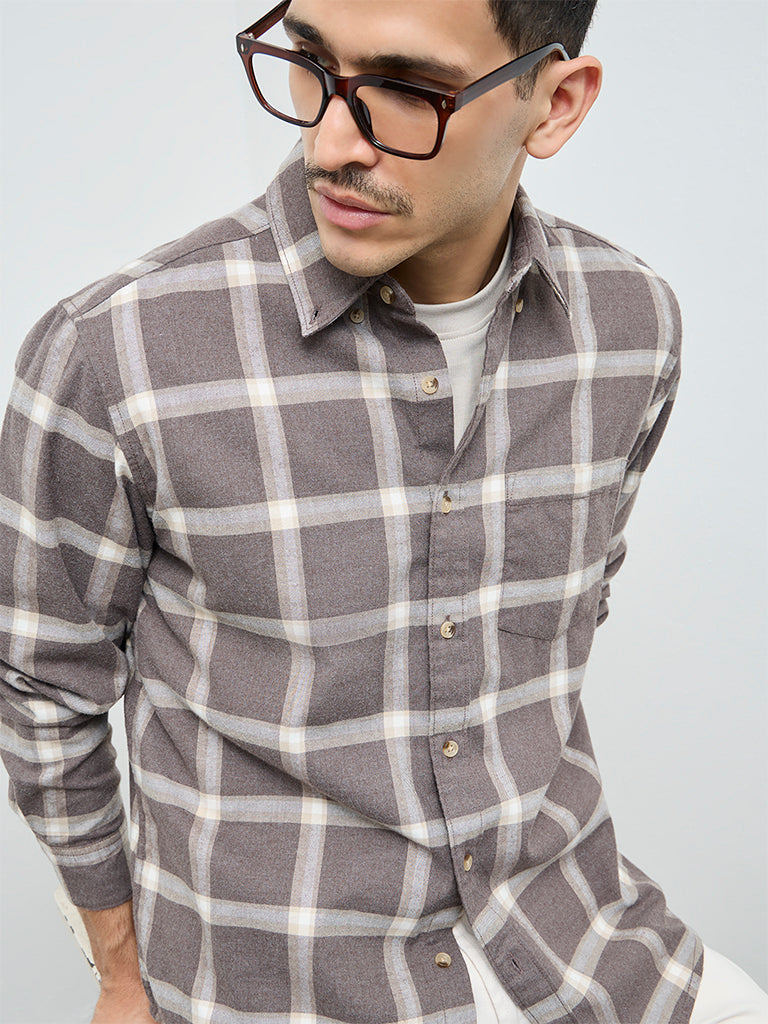 WES Casuals Brown Checks Relaxed-Fit Cotton-Blend Shirt