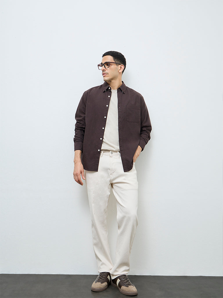 WES Casuals Dark Brown Solid Relaxed-Fit Cotton Shirt