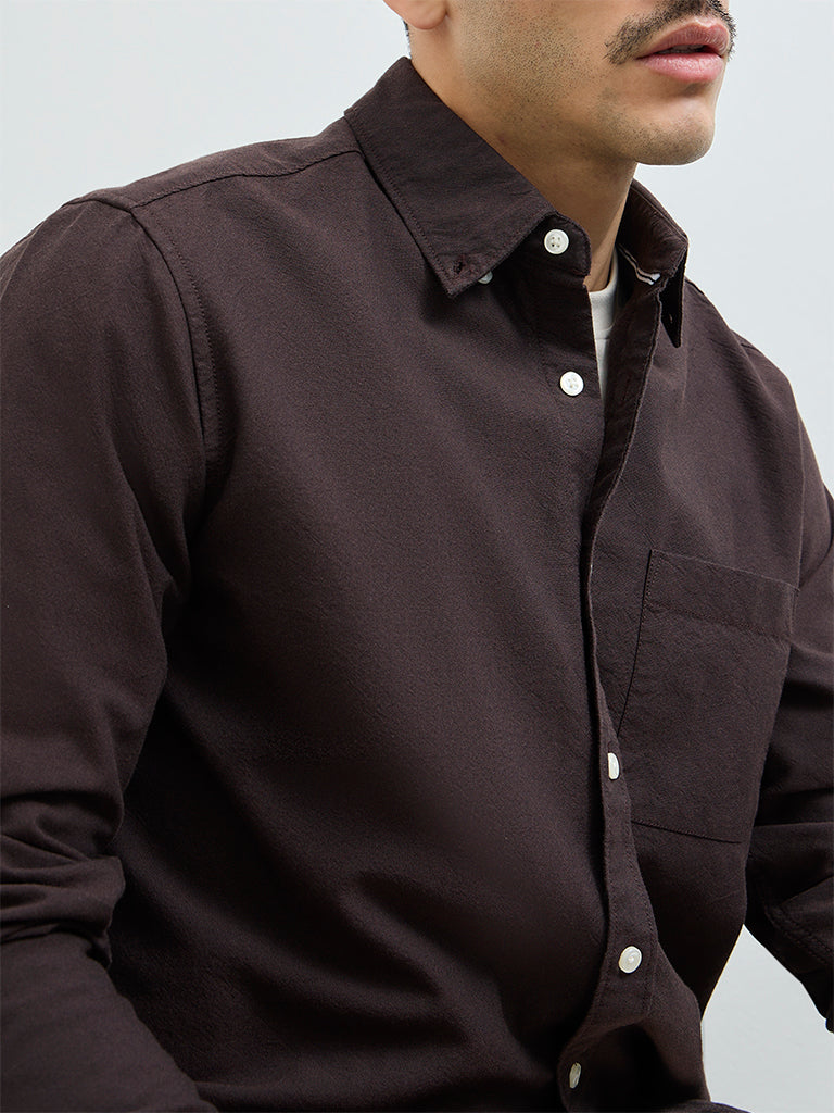 WES Casuals Dark Brown Solid Relaxed-Fit Cotton Shirt