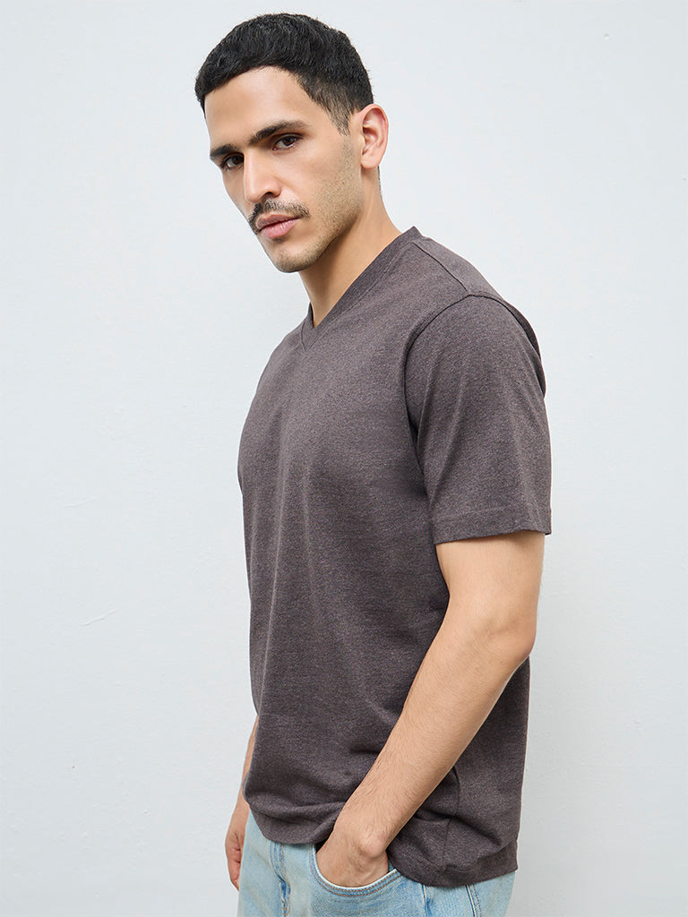 WES Casuals Brown Slim-Fit Cotton T-Shirt