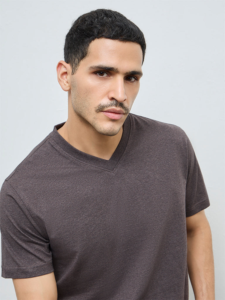 WES Casuals Brown Slim-Fit Cotton T-Shirt