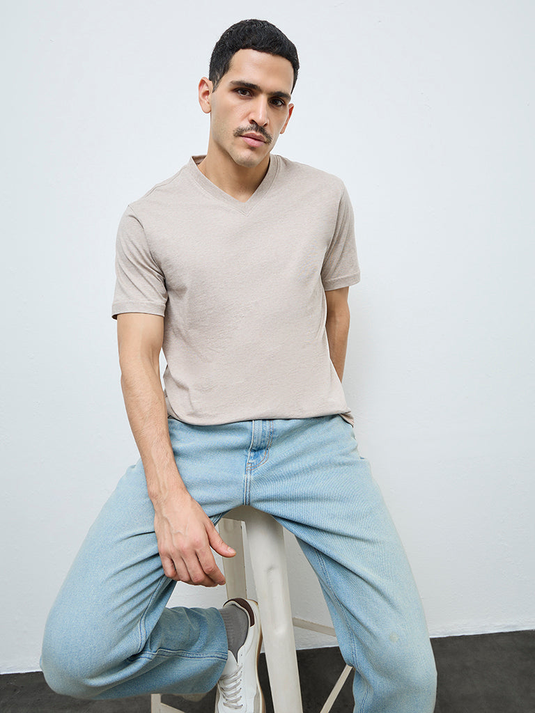 WES Casuals Light Taupe Slim-Fit Cotton T-Shirt