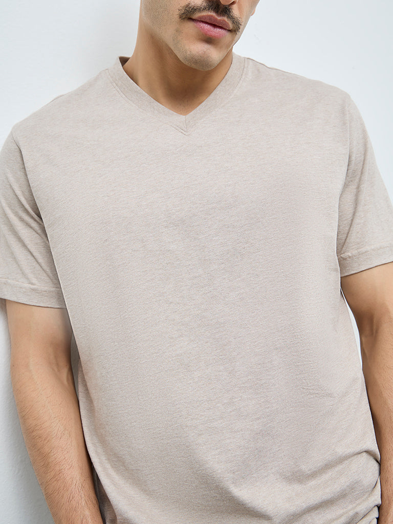 WES Casuals Light Taupe Slim-Fit Cotton T-Shirt