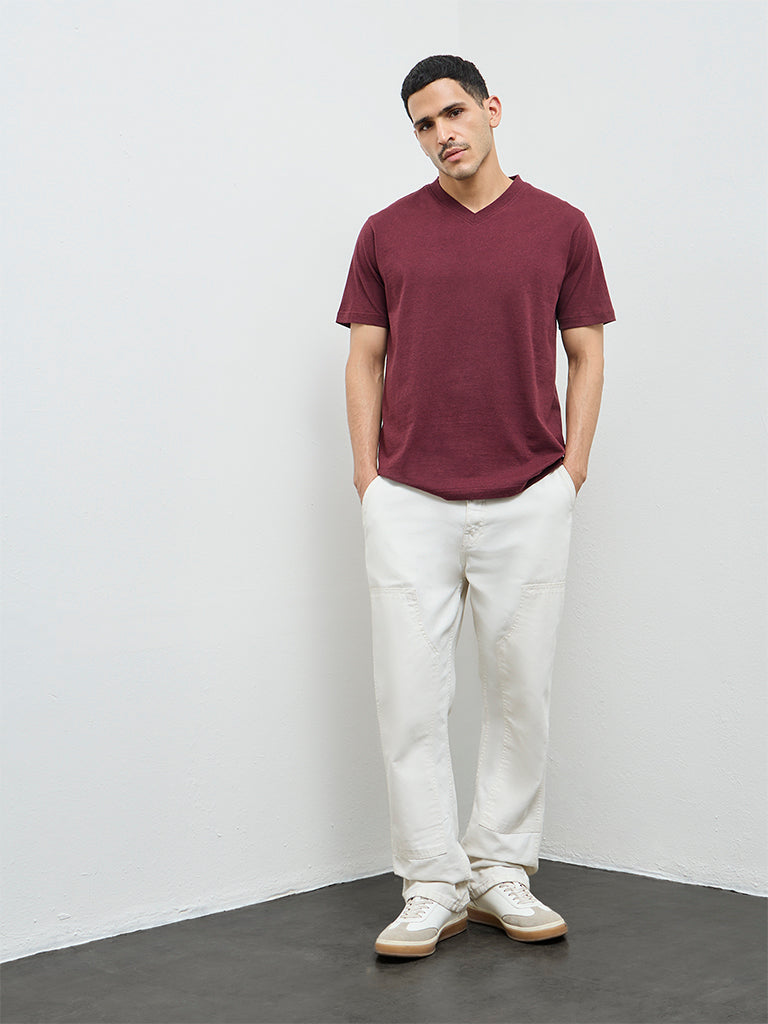 WES Casuals Wine Slim-Fit Cotton T-Shirt