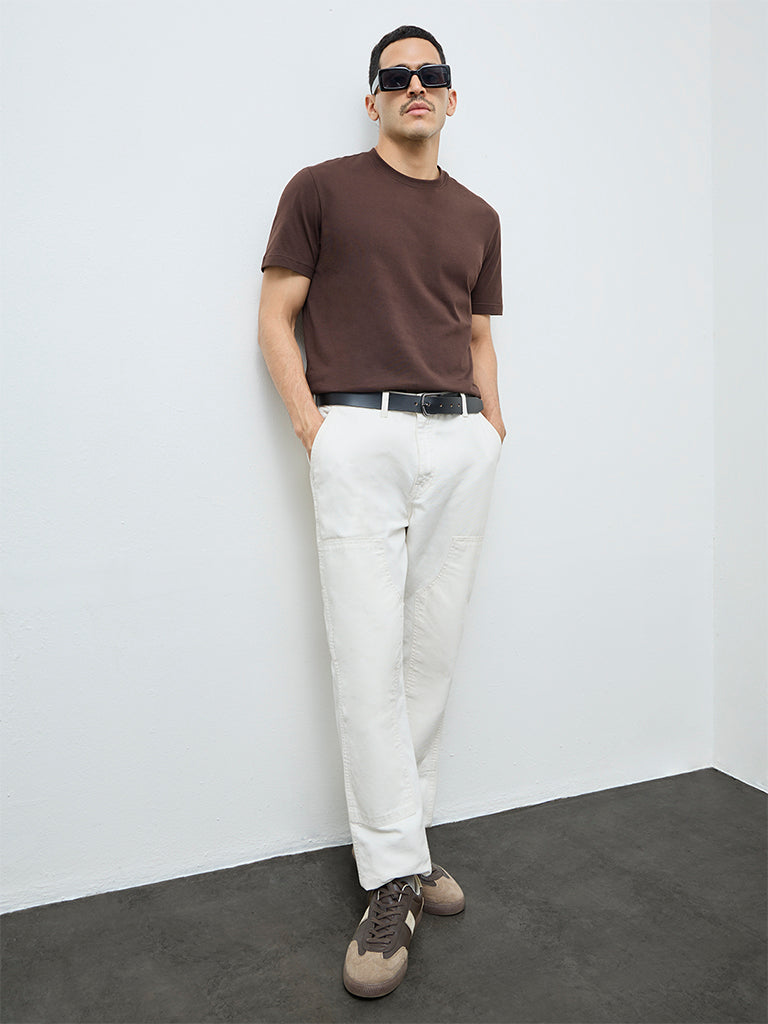 WES Casuals Dark Brown Solid Slim-Fit Cotton T-Shirt