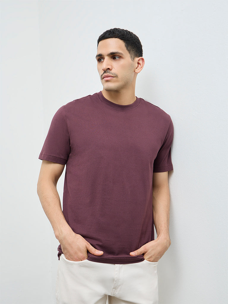 WES Casuals Wine Solid Slim-Fit Cotton T-Shirt