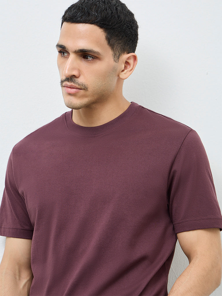 WES Casuals Wine Solid Slim-Fit Cotton T-Shirt