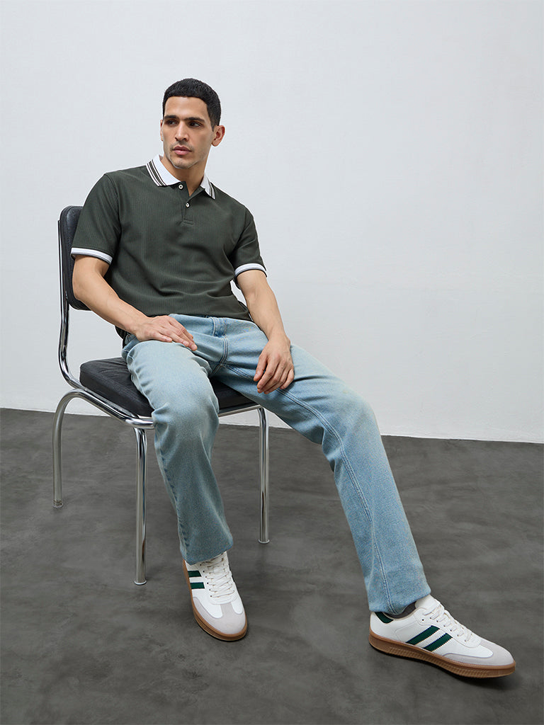 WES Casuals Olive Textured Relaxed-Fit Polo T-Shirt