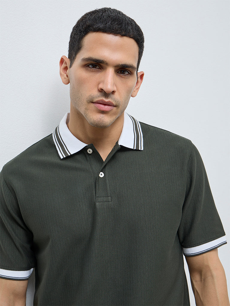 WES Casuals Olive Textured Relaxed-Fit Polo T-Shirt