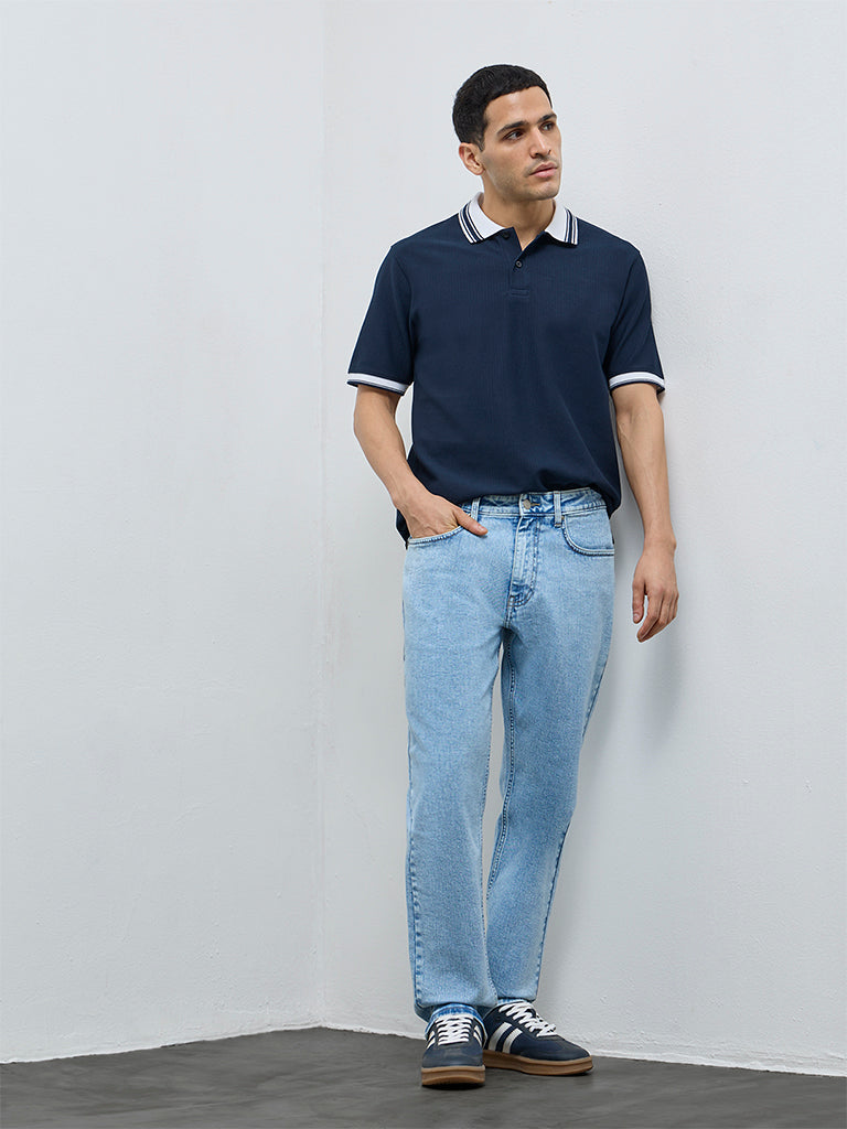 WES Casuals Navy Textured Relaxed-Fit Polo T-Shirt