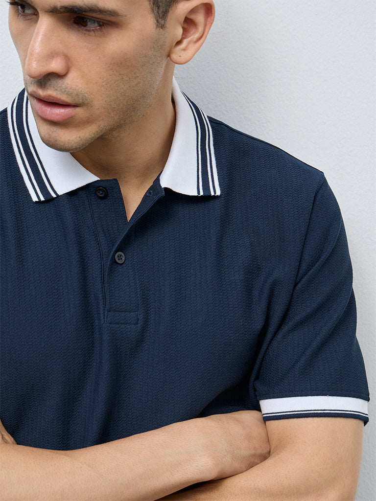WES Casuals Navy Textured Relaxed-Fit Polo T-Shirt