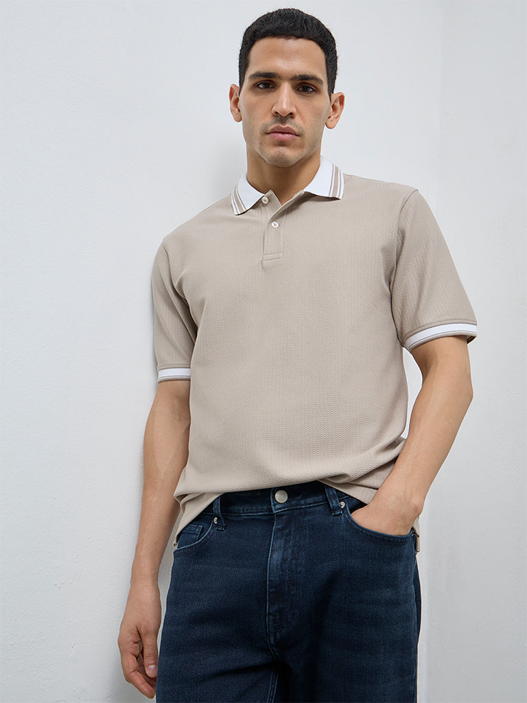 WES Casuals Taupe Textured Relaxed-Fit Polo T-Shirt