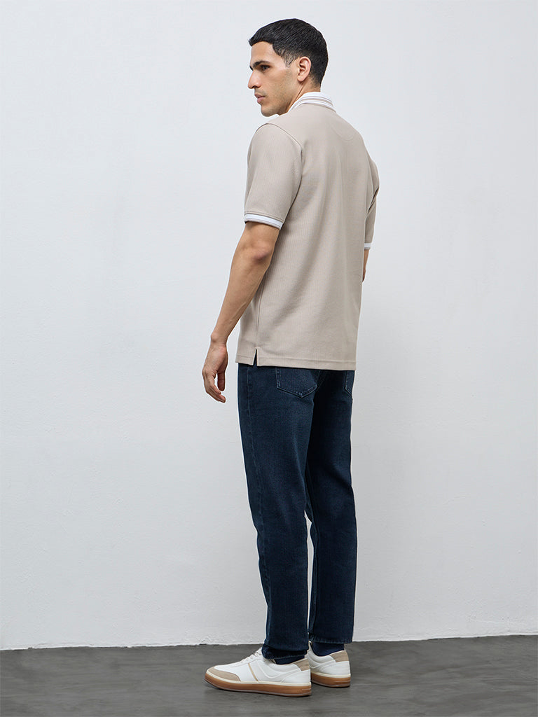 WES Casuals Taupe Textured Relaxed-Fit Polo T-Shirt