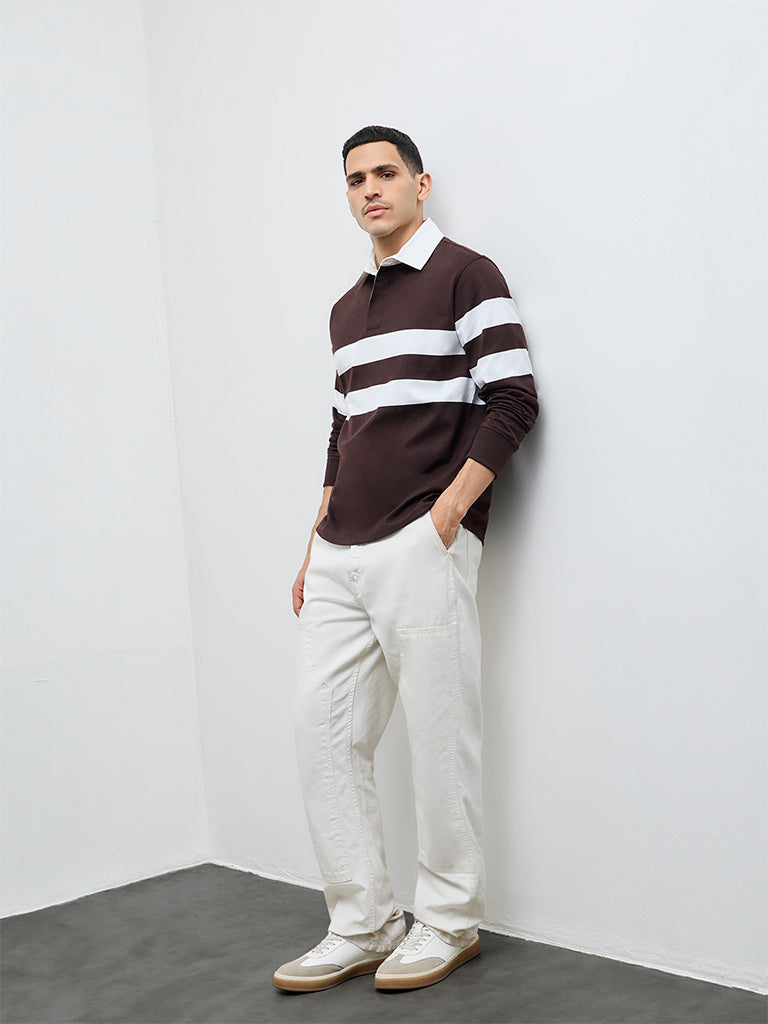 WES Casuals Dark Brown Striped Relaxed Fit Cotton Polo T-Shirt