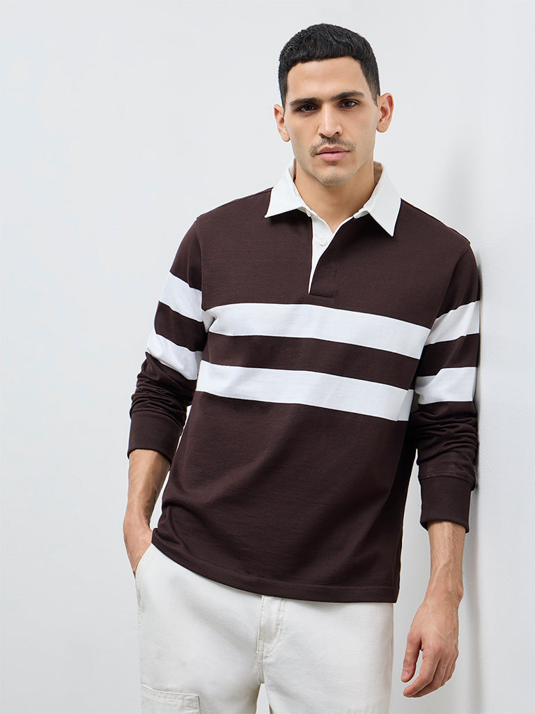 WES Casuals Dark Brown Striped Relaxed Fit Cotton Polo T-Shirt