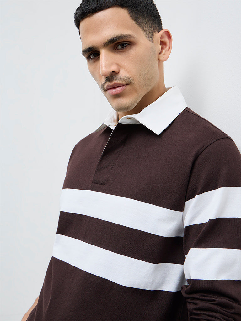 WES Casuals Dark Brown Striped Relaxed Fit Cotton Polo T-Shirt