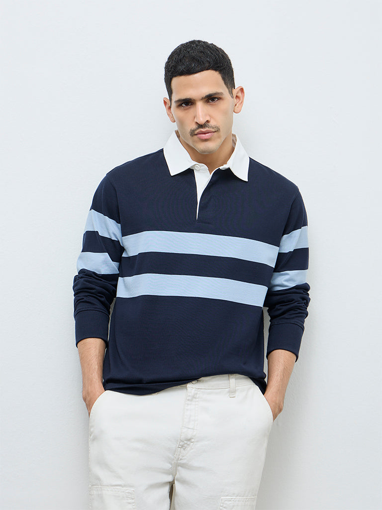 WES Casuals Navy Striped Relaxed-Fit Cotton Polo T-Shirt