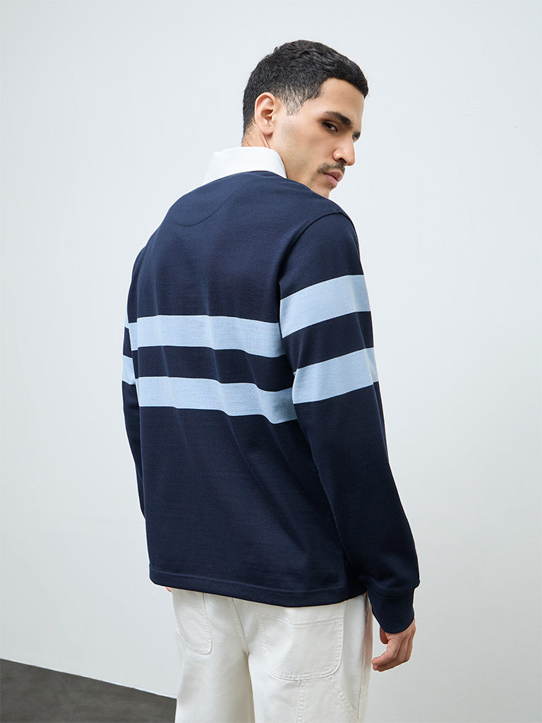 WES Casuals Navy Striped Relaxed-Fit Cotton Polo T-Shirt