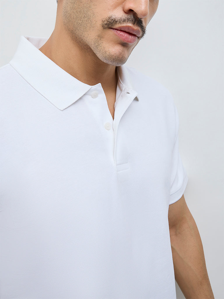 WES Casuals White Relaxed-Fit Cotton-Blend Polo T-Shirt