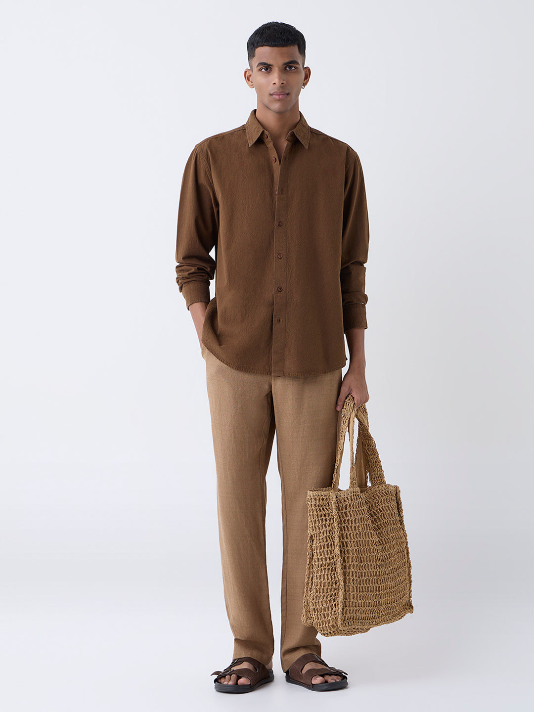 ETA Brown Solid Relaxed-Fit Cotton Shirt