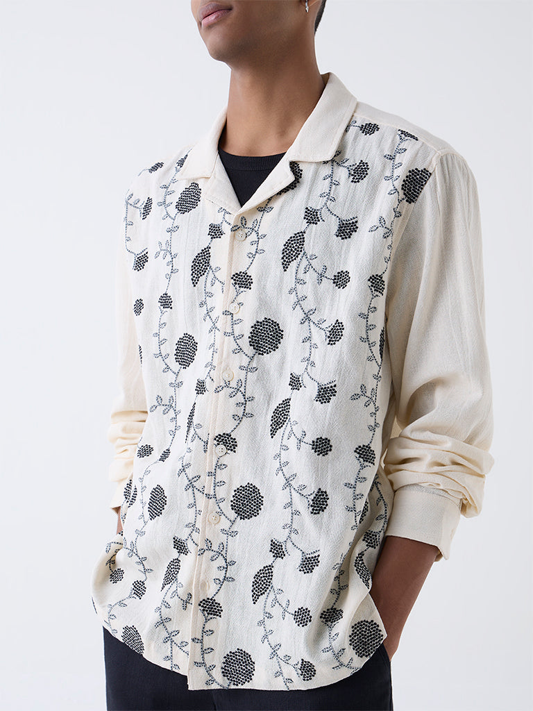 ETA Off-White Floral Embroidered Relaxed-Fit Cotton Shirt