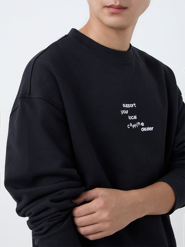 Nuon Black Text Design Relaxed-Fit Cotton Sweatshirt