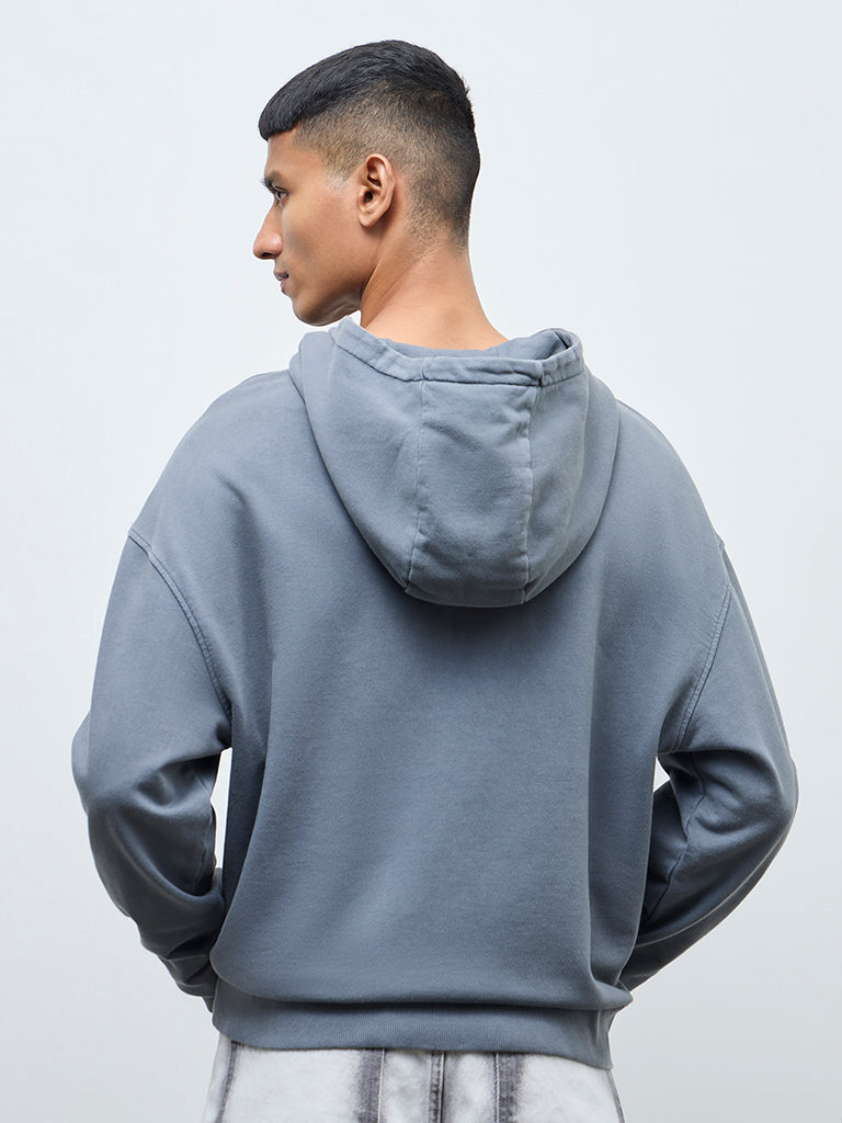 Nuon Grey Text Design Relaxed-Fit Cotton Hoodie