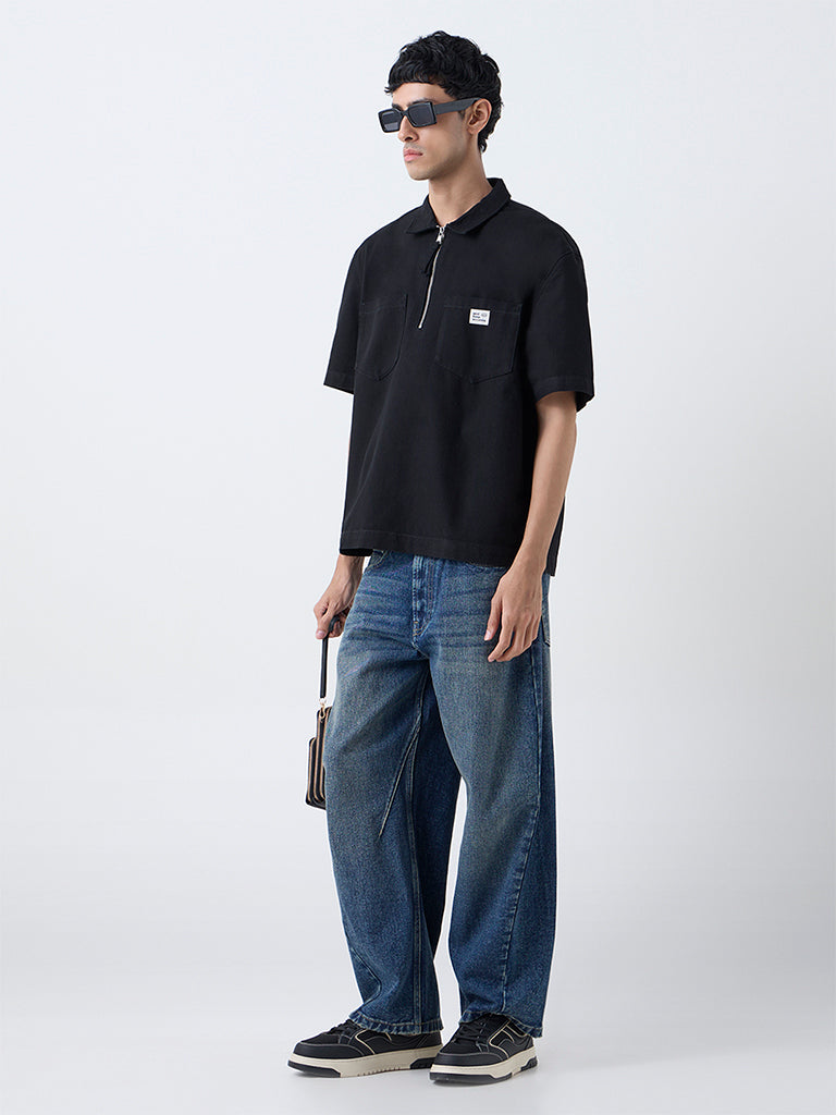 Nuon Black Relaxed-Fit Cotton Quarter-Zip T-Shirt