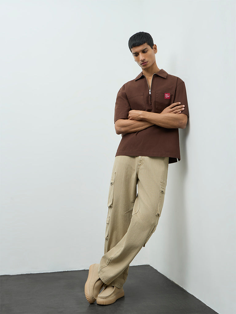 Nuon Brown Relaxed-Fit Cotton Quarter-Zip T-Shirt
