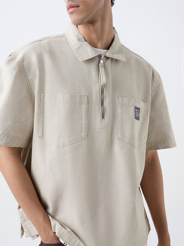 Nuon Beige Relaxed-Fit Cotton Quarter-Zip T-Shirt