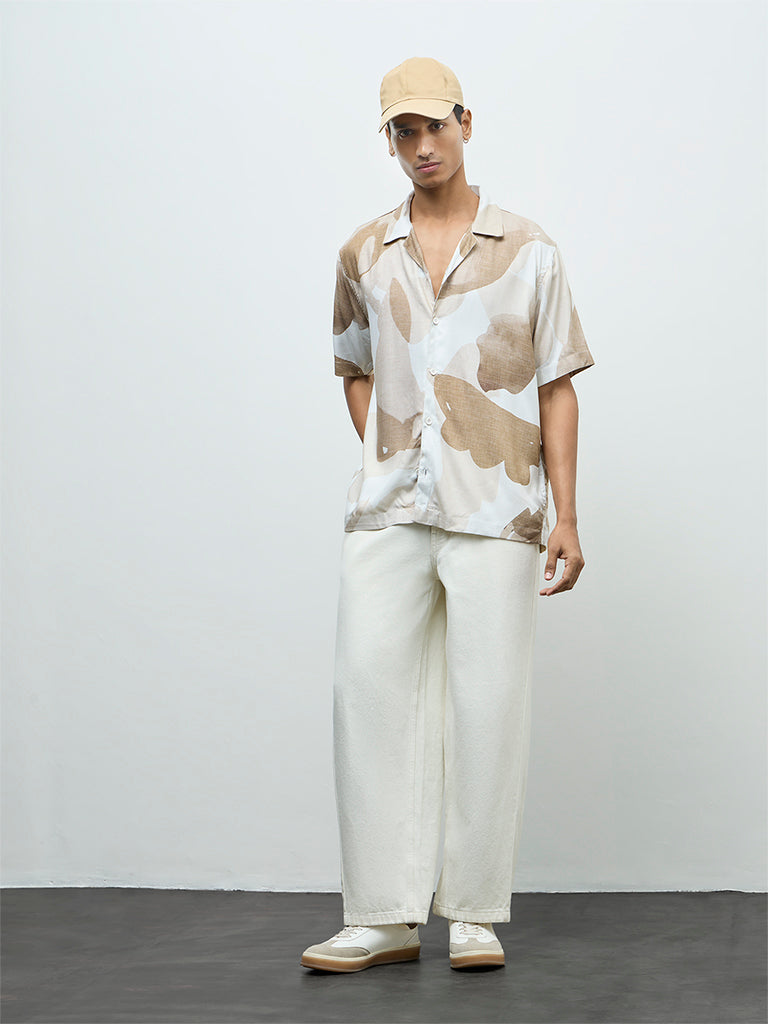 Nuon Brown Abstract Printed Relaxed-Fit Shirt