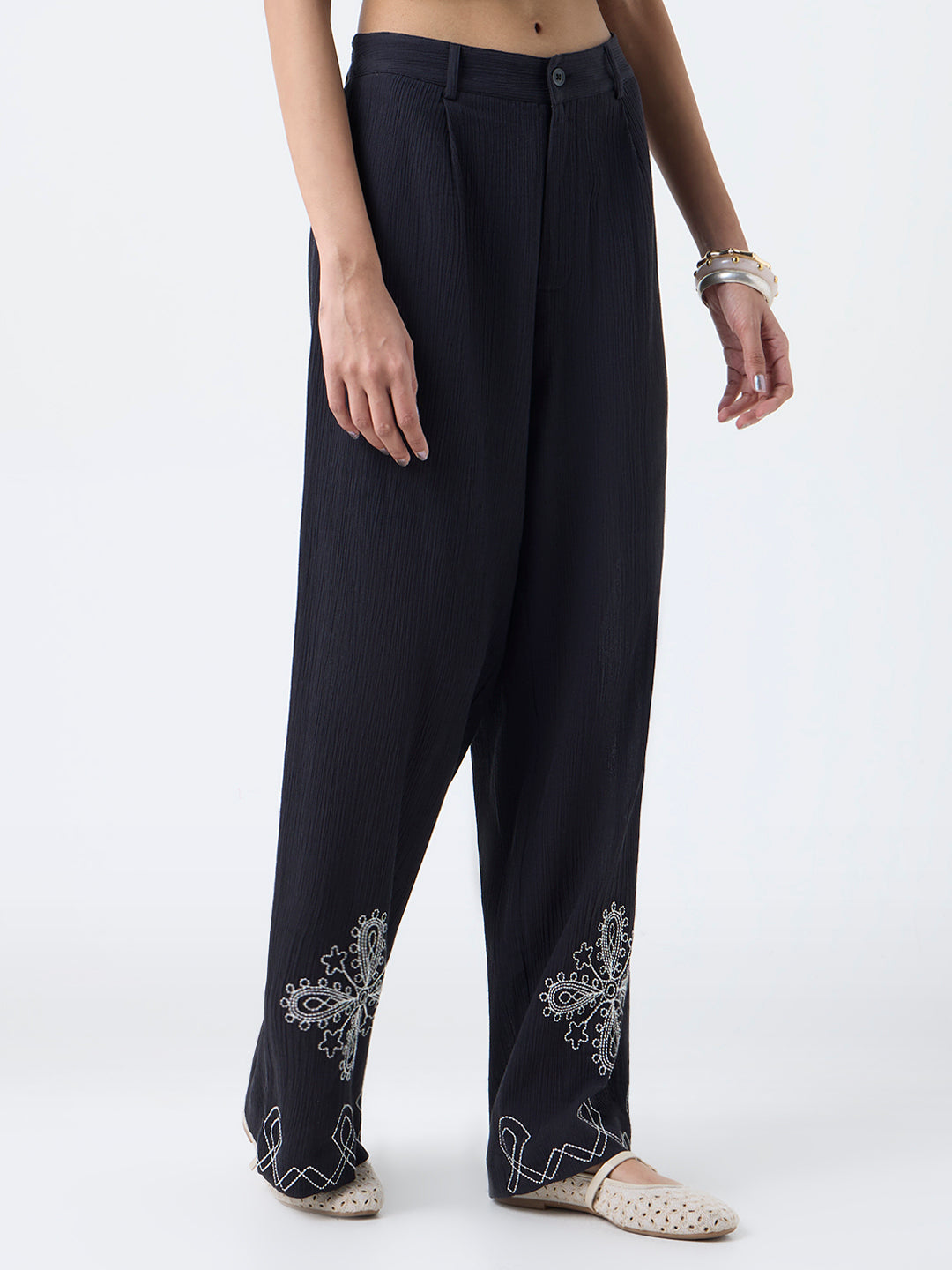 Bombay Paisley Black Embroidered Cotton Pants