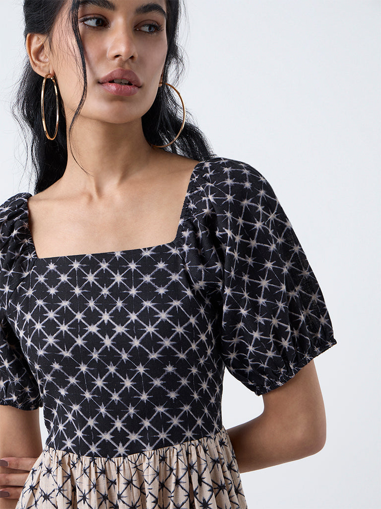 Bombay Paisley Black Printed Cotton Tiered Dress